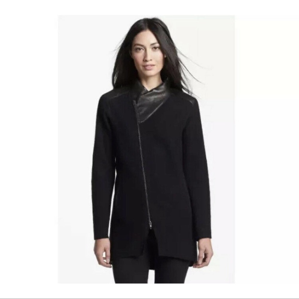 Eileen Fisher - Boiled Wool Leather trimmed asymmetrical zip up sweater (Plus)